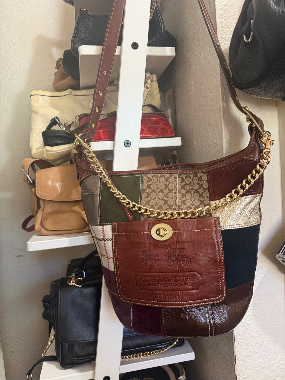 Vintage Coach large Patchwork Leather & Canvas bucket Bag - Picture 12 of 16